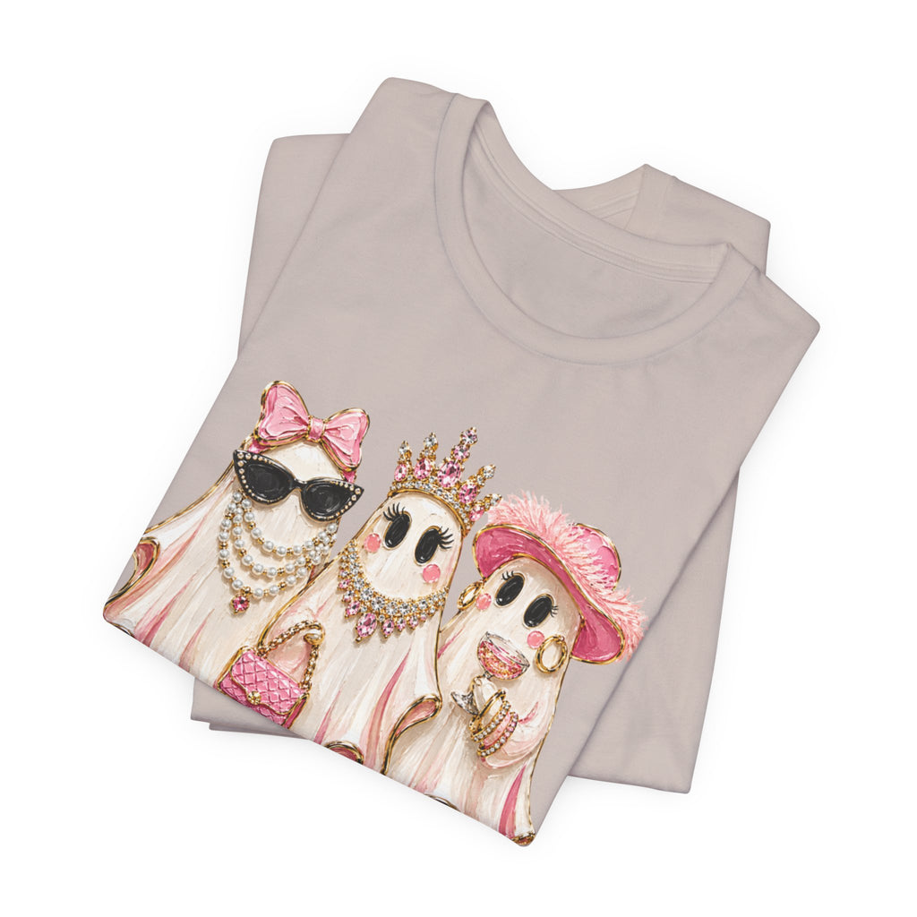 Cute Pink Ghost Trio Tee - Stylish Halloween Shirt with Princess Ghosts