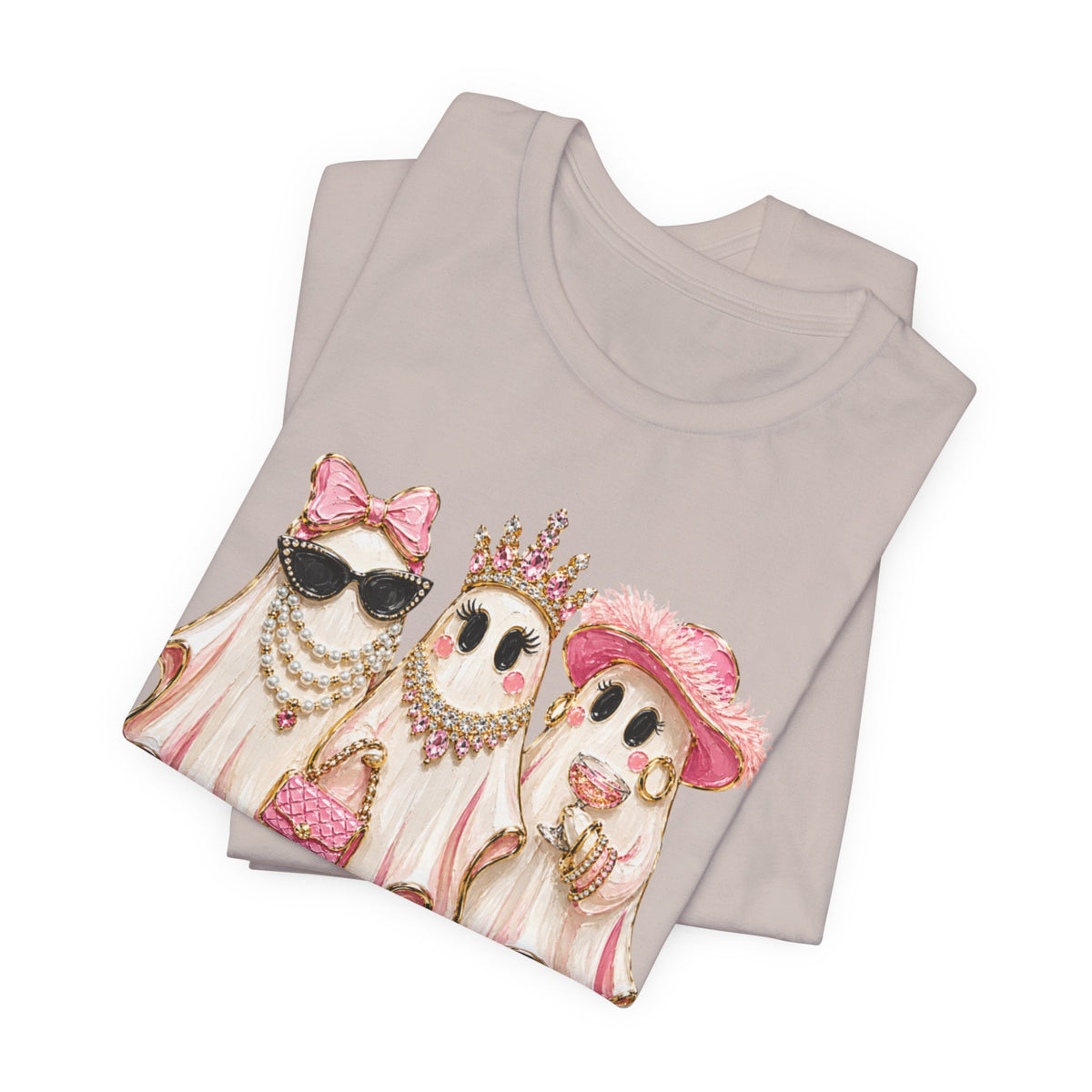 Cute Pink Ghost Trio Tee - Stylish Halloween Shirt with Princess Ghosts