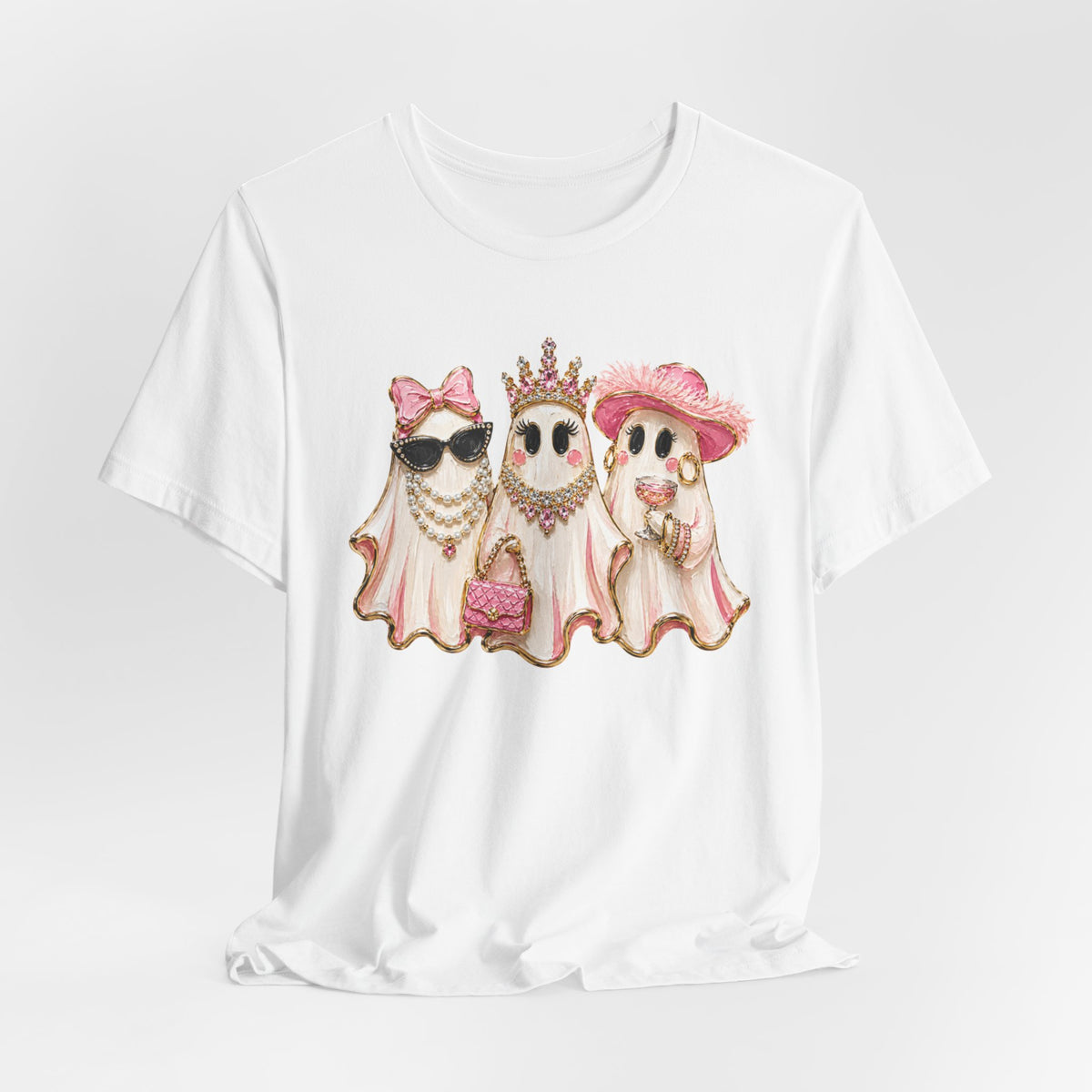 Cute Pink Ghost Trio Tee - Stylish Halloween Shirt with Princess Ghosts
