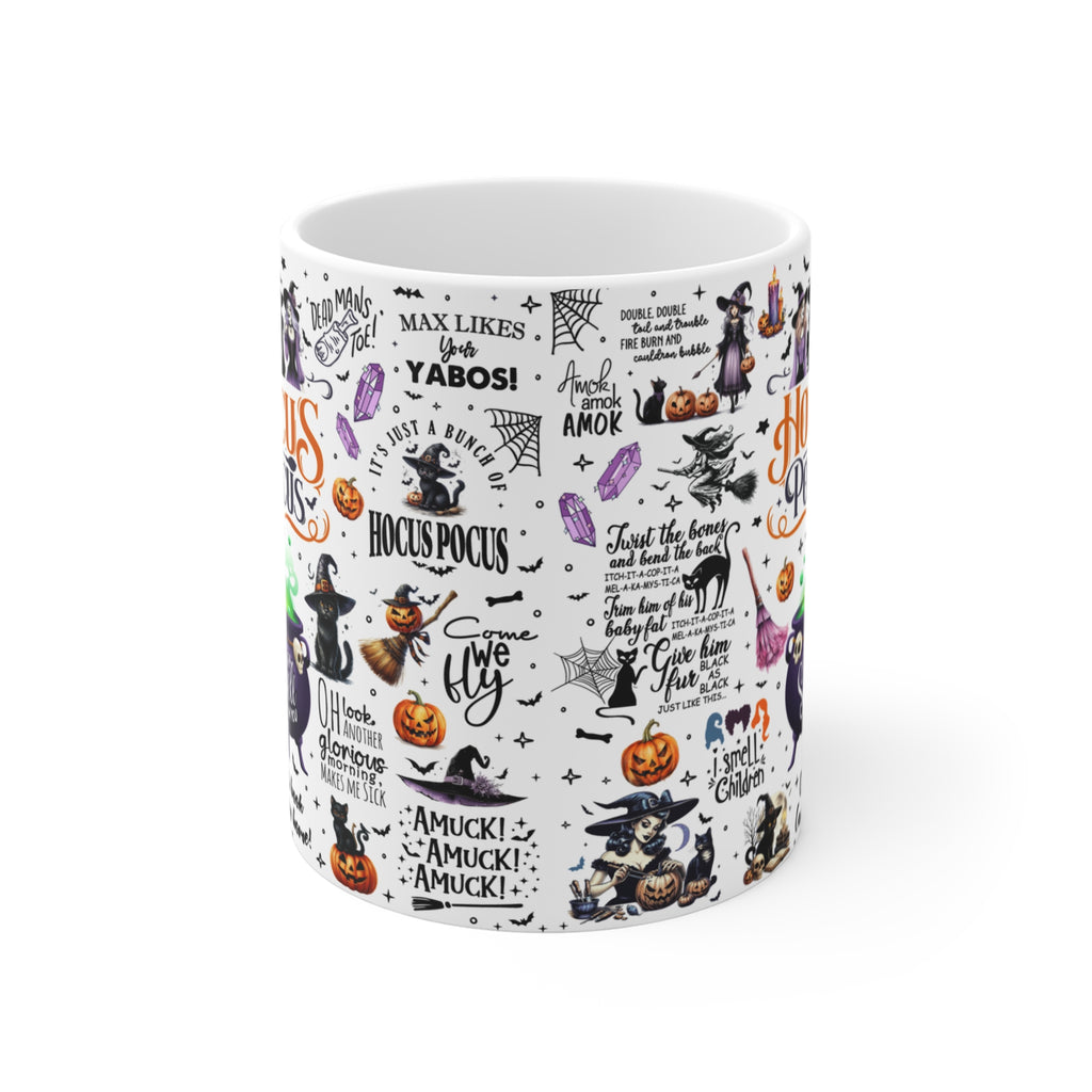 Halloween Hocus Pocus Mug — 11oz Witch Cauldron & Spooky Collage Coffee Cup