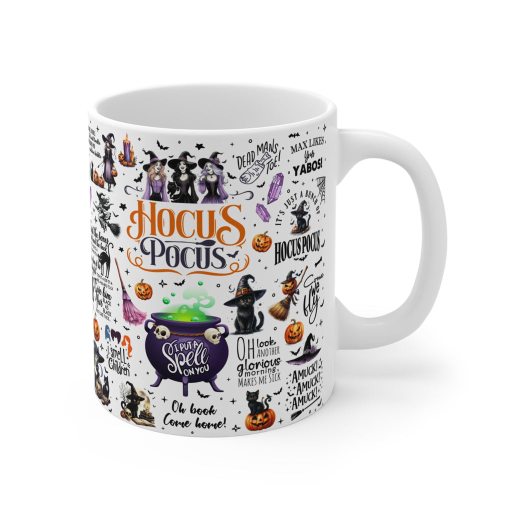 Halloween Hocus Pocus Mug — 11oz Witch Cauldron & Spooky Collage Coffee Cup