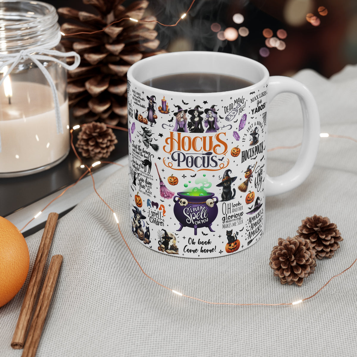 Halloween Hocus Pocus Mug — 11oz Witch Cauldron & Spooky Collage Coffee Cup