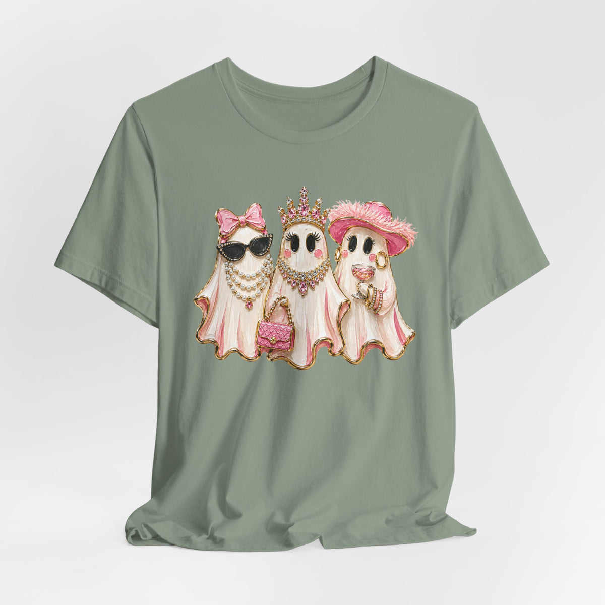 Cute Pink Ghost Trio Tee - Stylish Halloween Shirt with Princess Ghosts