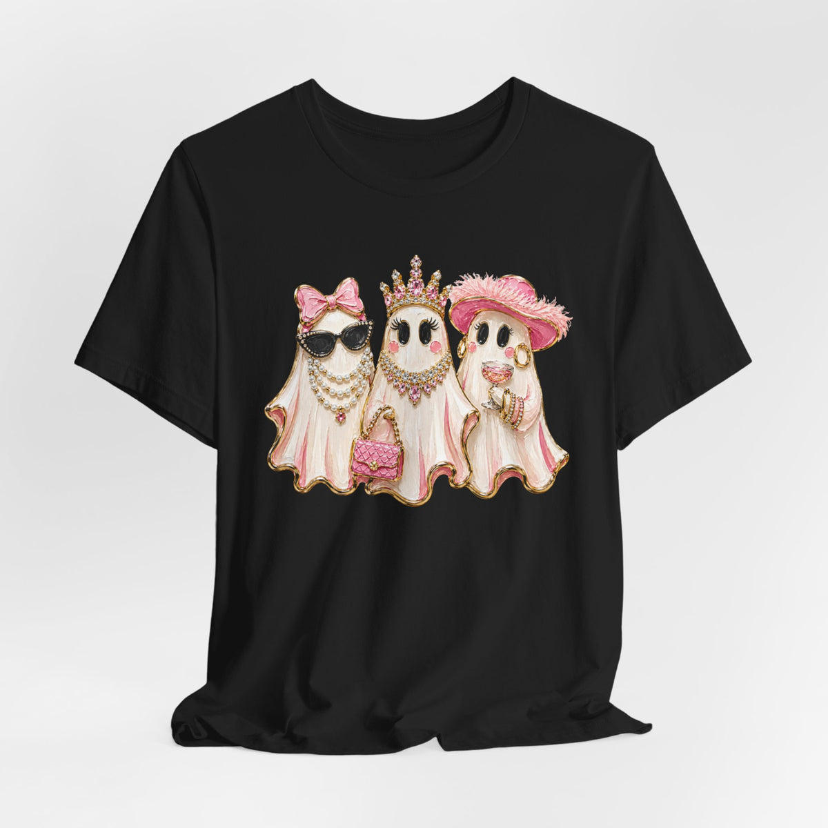 Cute Pink Ghost Trio Tee - Stylish Halloween Shirt with Princess Ghosts