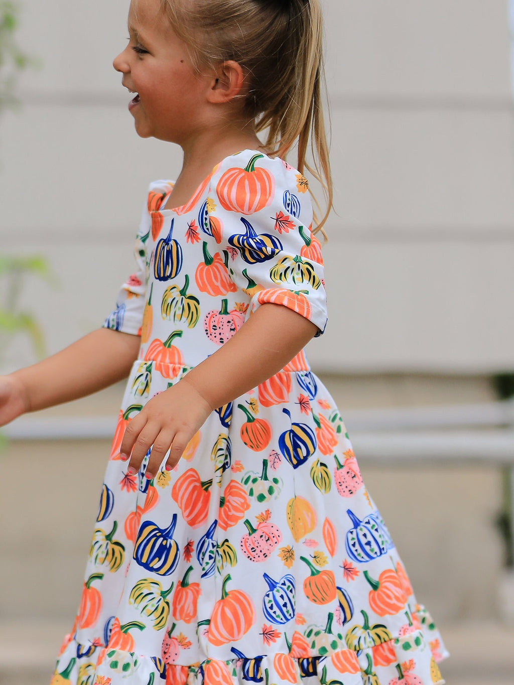 Halloween Pumpkin Print Girls Ruffle Hem Dress